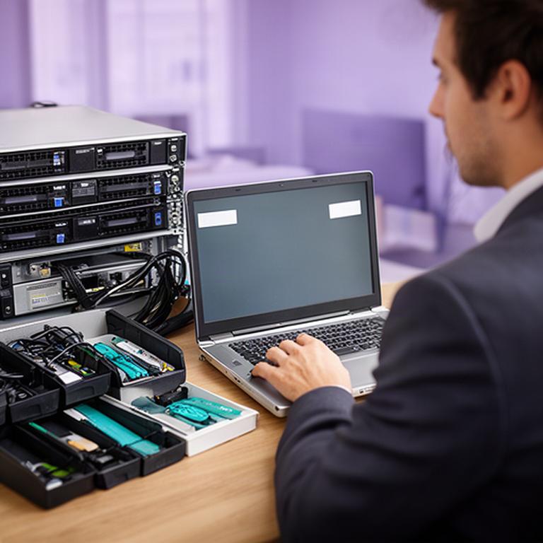 IT manager checking a labeled laptop and server asset inventory in a tidy workspace