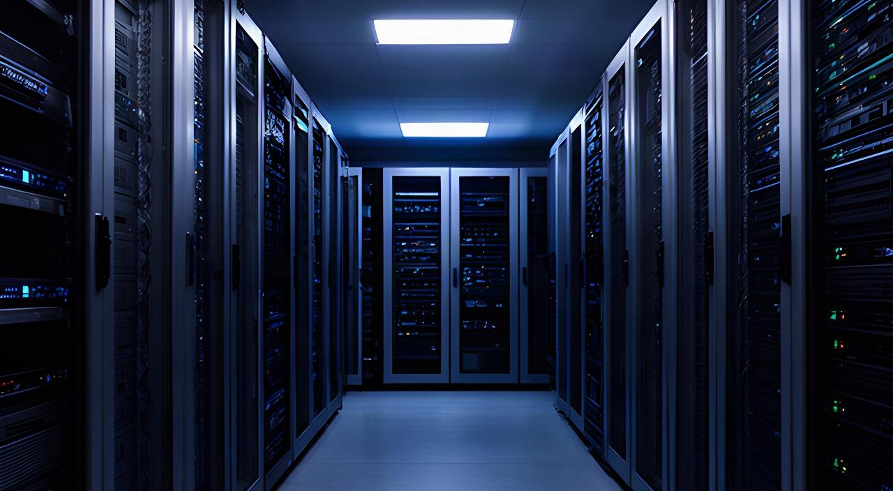 Quiet server room with secure equipment racks and soft blue lighting