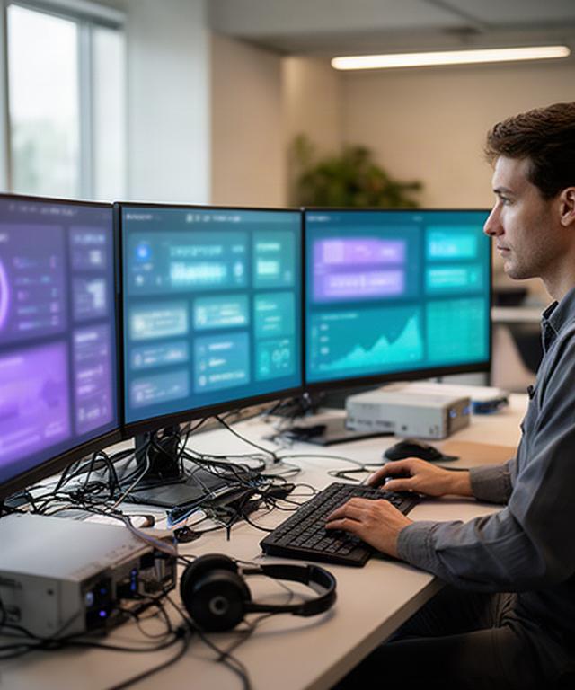 Technician monitoring workstation performance metrics on a multi-screen desk