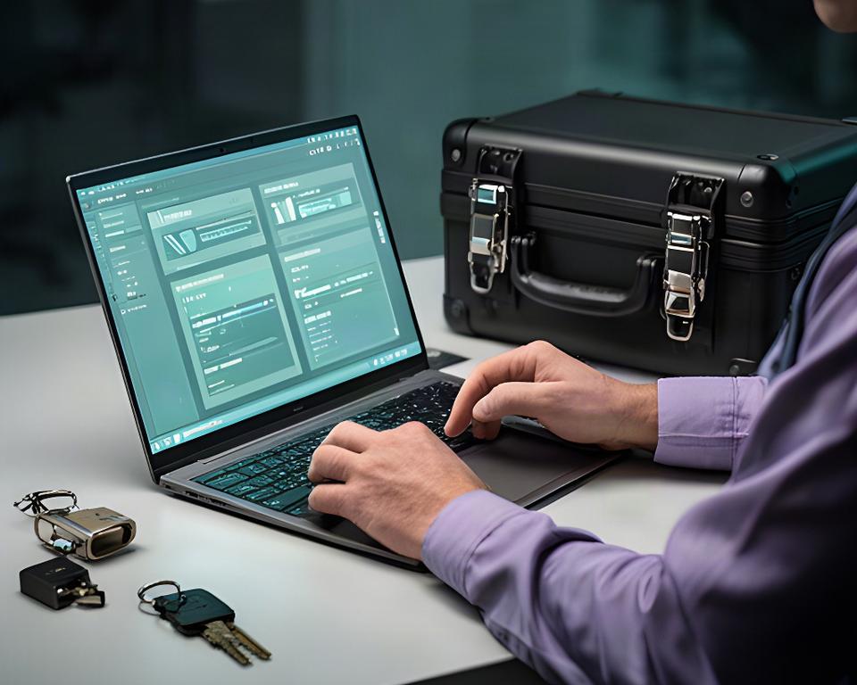 Technician checking security settings on a laptop beside a locked equipment case