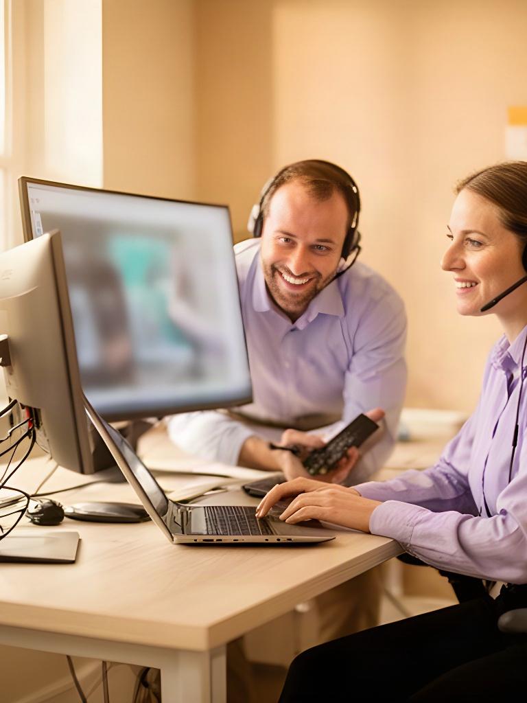 Remote technician assisting a small business employee at a workstation