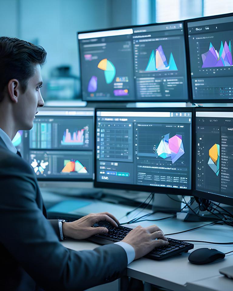 IT specialist monitoring business computers on a remote management console