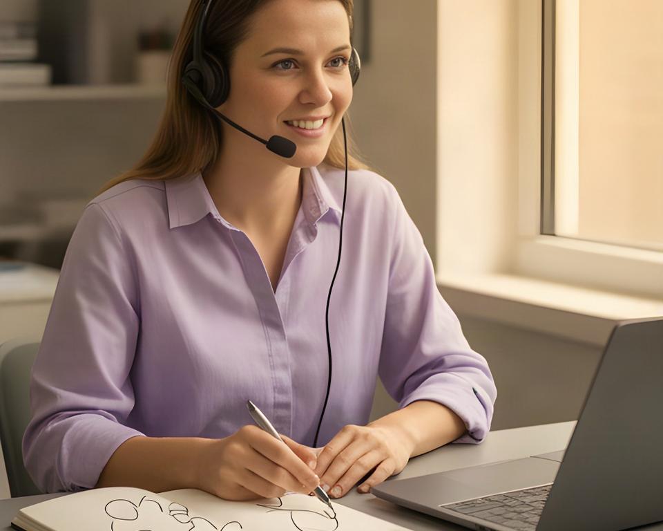 Support specialist taking notes during a remote computer help session