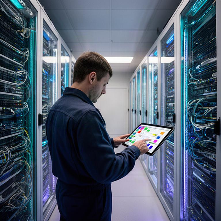 Technician monitoring server racks while managing a remote access policy