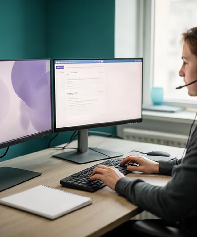 Technician reviewing a customer support request beside dual monitors