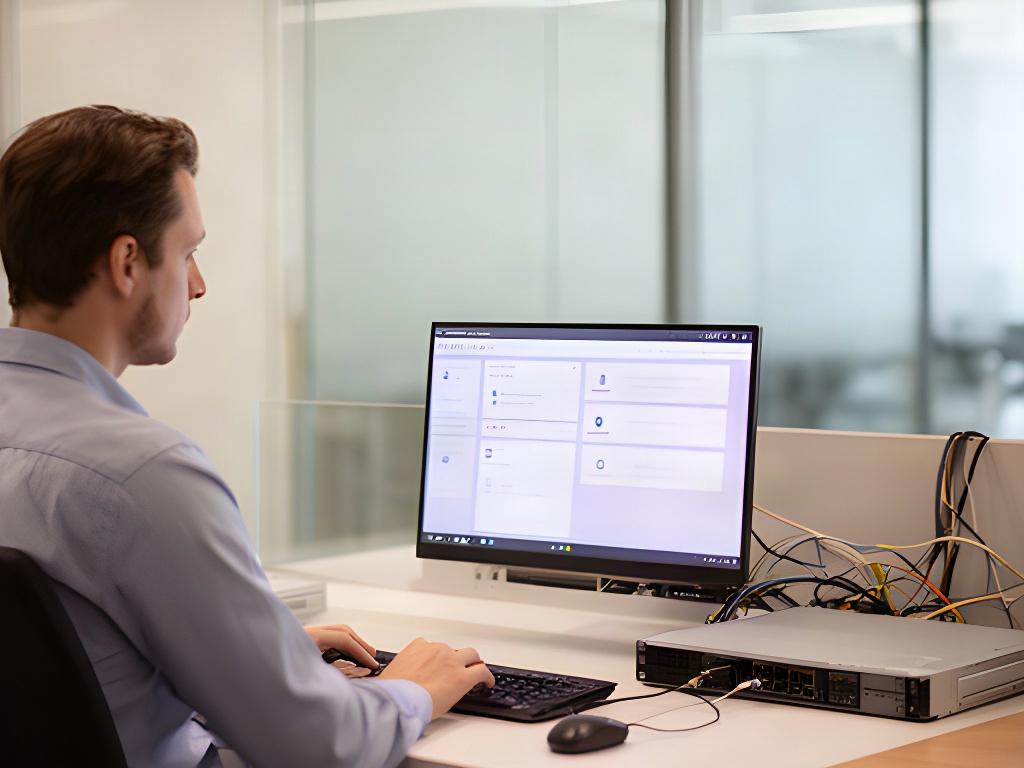 IT support specialist accessing a secure cloud console from a quiet service desk